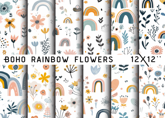 Boho Rainbow and Flowers Digital Backgrounds: Elevate Your Creative Projects