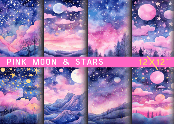 Pink Moon and Stars Night: Creative Digital Backgrounds